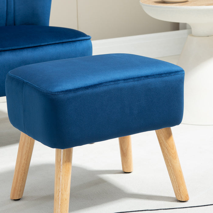 Velvet Tub Chair with Matching Ottoman - Plush Curved Back Accent Seat with Padded Cushioning and Sturdy Wooden Legs - Elegant Home Seating for Living Room or Lounge Space, Dark Blue