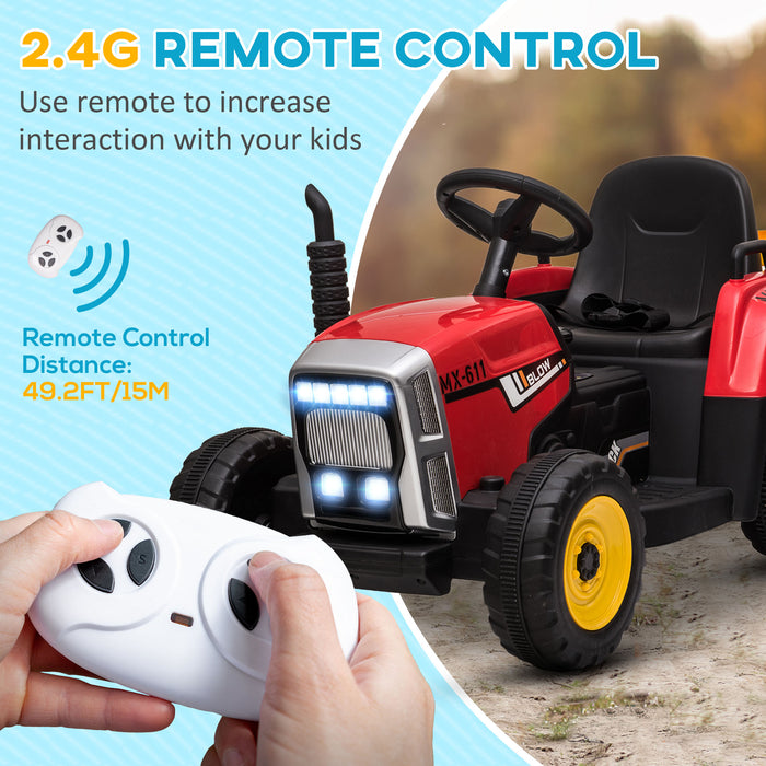 12V Electric Ride-On Tractor with Detachable Trailer - Battery-Powered Car for Kids with Remote Control and Music Start-up Sound - Fun Outdoor Driving Adventure for Children