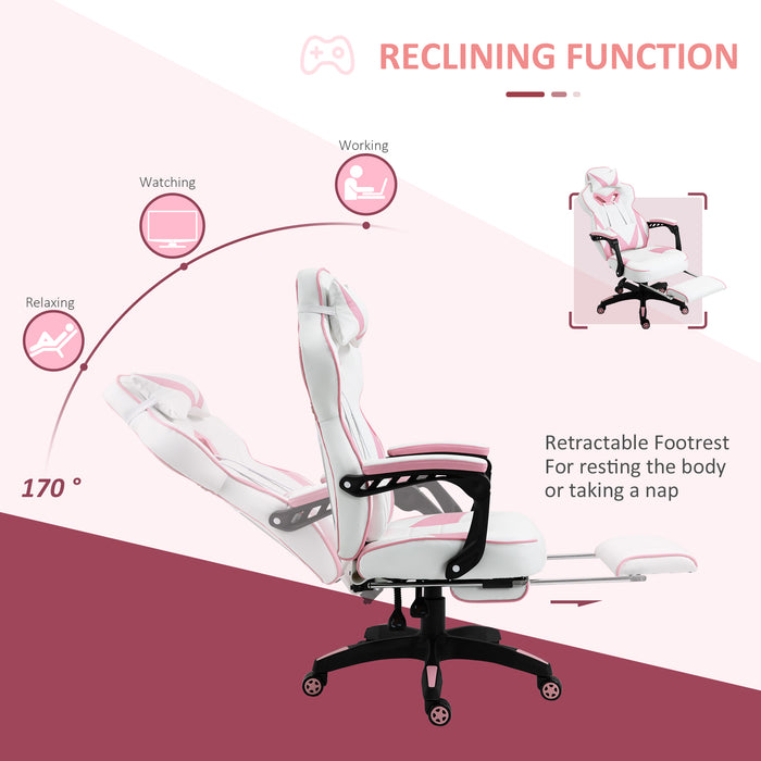 Ergonomic Racing Gamer Chair with Adjustable Features - Rolling Office Desk Chair with Headrest, Lumbar Support & Retractable Footrest in Pink - Ideal for Comfortable Gaming & Productive Work Environments