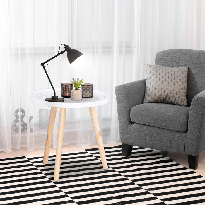 Carved Floral Round Coffee Table Set - Tray-top Design with Wooden Legs, Modern Side Tables - Ideal for Living Room Décor, Pair in White