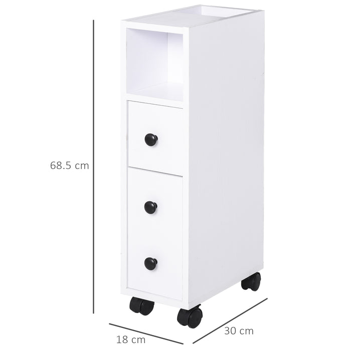 Slimline Freestanding Storage Cabinet - 2 Drawers, Open Shelving, Wheels, and Handles - Space-Saving Organizer for Bathroom or Home Office
