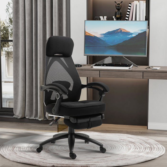 Ergonomic Mesh Office Chair with Extendable Footrest - High-Back Recliner with Adjustable Height and Headrest, in Black - Ideal for Home Office and Lunch Break Relaxation
