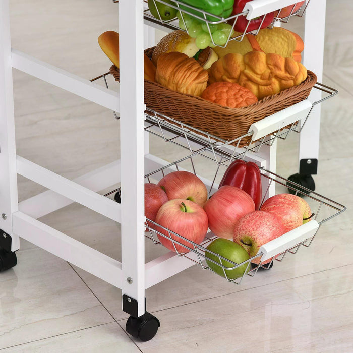 3-Tier Rolling Kitchen Trolley with Drop-Leaf Extension - White Oak Tone Cart with Baskets, Drawer, and 6 Wheels for Storage Organization - Mobile Dining Solution for Home Cooks and Small Spaces