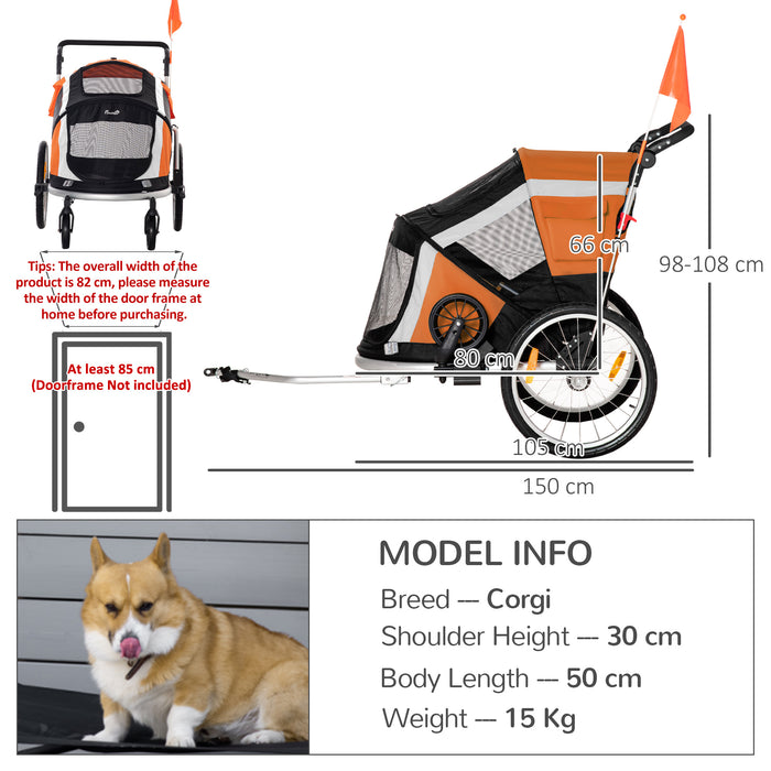 2-in-1 Large Dog Bike Trailer and Pet Stroller - Foldable Aluminium Frame Bicycle Carrier with Safety Leash, Hitch Coupler, and Flag - Outdoor Travel Solution for Pet Owners