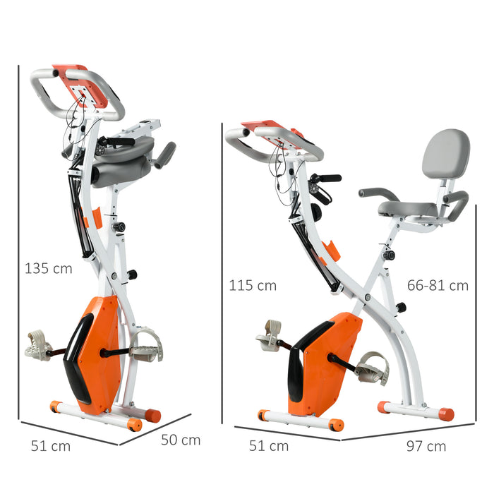 Foldable 2-in-1 Upright & Recumbent Exercise Bike - Magnetic Stationary Cycling with Arm Resistance Bands, Orange - Ideal for Full-Body Home Workouts