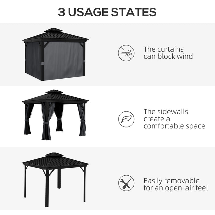 3 x 3.7m Aluminum Hardtop Gazebo - Two-Tier Vented Roof & Mesh Netting Sidewalls, Dark Grey - Ideal Outdoor Shelter for Patio Entertainment