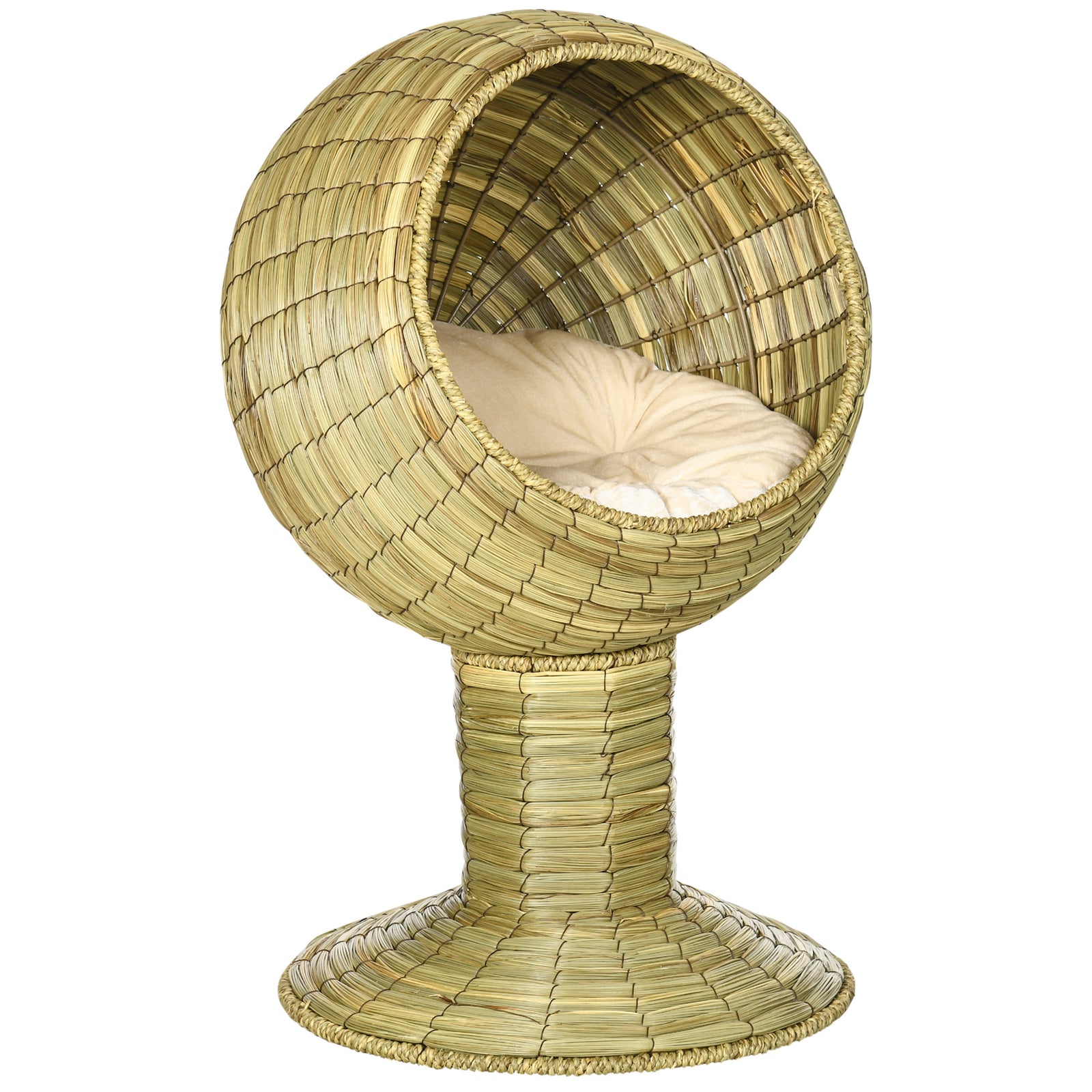 Natural Mat Grass Cat House with Cushion - Round Detachable Top Kitten Cave, Elevated Stand Design, Yellow - Ideal Cozy Retreat for Cats & Small Pets, Φ41 x 71.5 cm