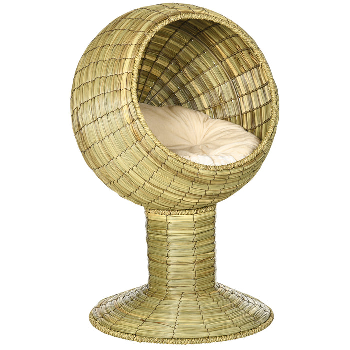 Natural Mat Grass Cat House with Cushion - Round Detachable Top Kitten Cave, Elevated Stand Design, Yellow - Ideal Cozy Retreat for Cats & Small Pets, Φ41 x 71.5 cm