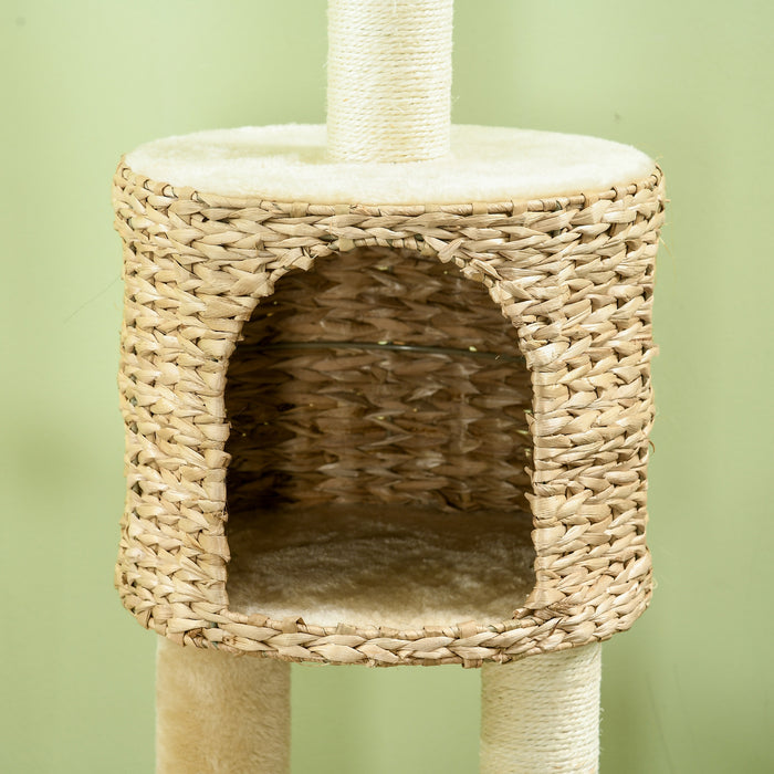 Deluxe Beige Cat Condo - Multilevel Scratching Post Tower with Cozy House, Cushioned Bed & Playful Toy Ball - Perfect Play & Rest Space for Felines