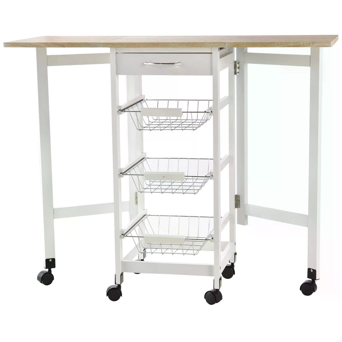 3-Tier Rolling Kitchen Trolley with Drop-Leaf Extension - White Oak Tone Cart with Baskets, Drawer, and 6 Wheels for Storage Organization - Mobile Dining Solution for Home Cooks and Small Spaces