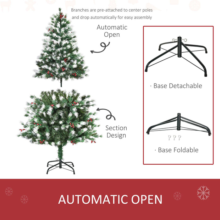 Artificial Snow-Flocked Pine Christmas Tree, 5ft with Red Berries - Festive Green Holiday Decor - Perfect for Home and Office Yuletide Celebrations