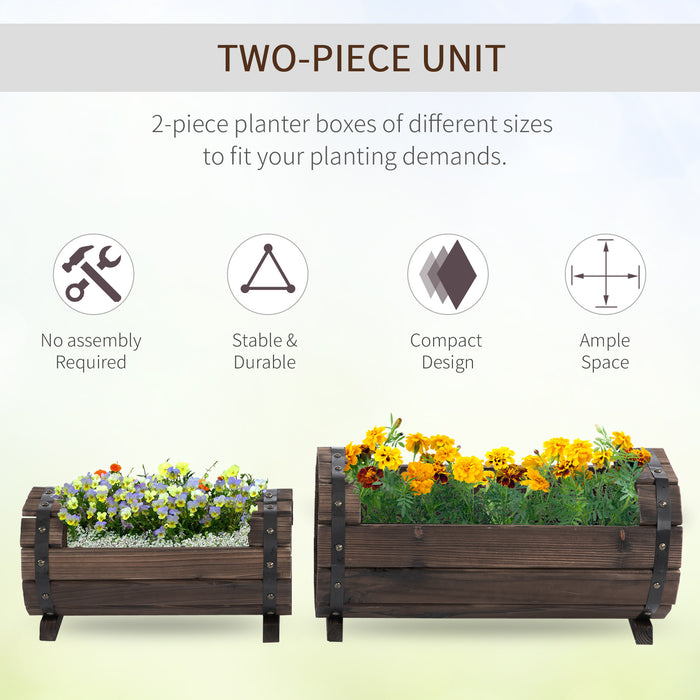 Wooden Planter Box Set of 2 - Outdoor & Indoor Solid Wood Garden Flower Box, Carbonized Finish - Ideal for Planting Flowers & Herbs