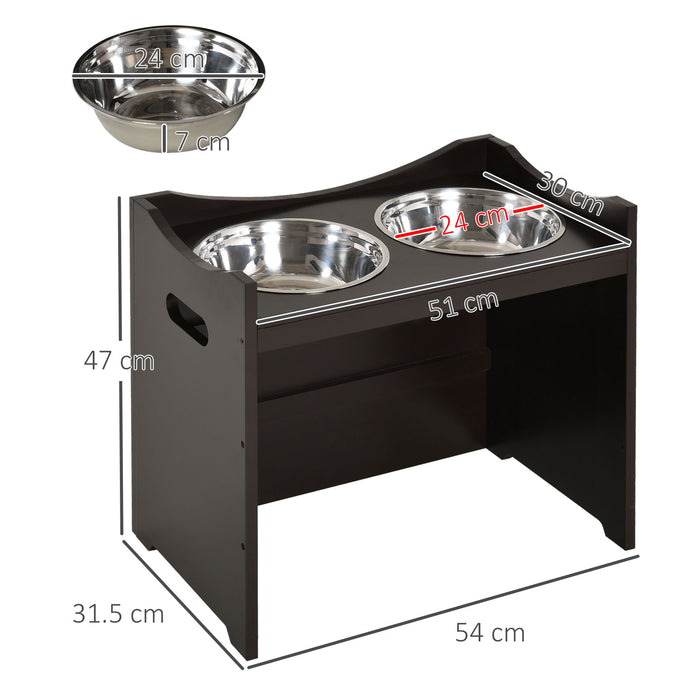 Elevated Duo Pet Feeder with Adjustable Shelf and Handles - Raised Feeding Station with 2 Stainless Steel Bowls, MDF Frame, 47x54cm - Ideal for Dogs and Cats, Enhances Digestion and Posture, Brown