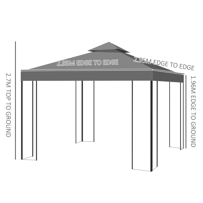 3 x 3m Steel Gazebo - Outdoor Garden Patio Canopy with 2-Tier Vented Roof, Marquee Party Tent Shelter - Elegant Design for Events & Backyard Decor, Grey