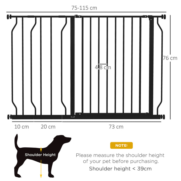 Expandable Pet Gate with Walk-Through Door - Adjustable 75-115cm Dog Barrier for Hallways and Staircases, Black - Ideal for Keeping Pets Safe at Home