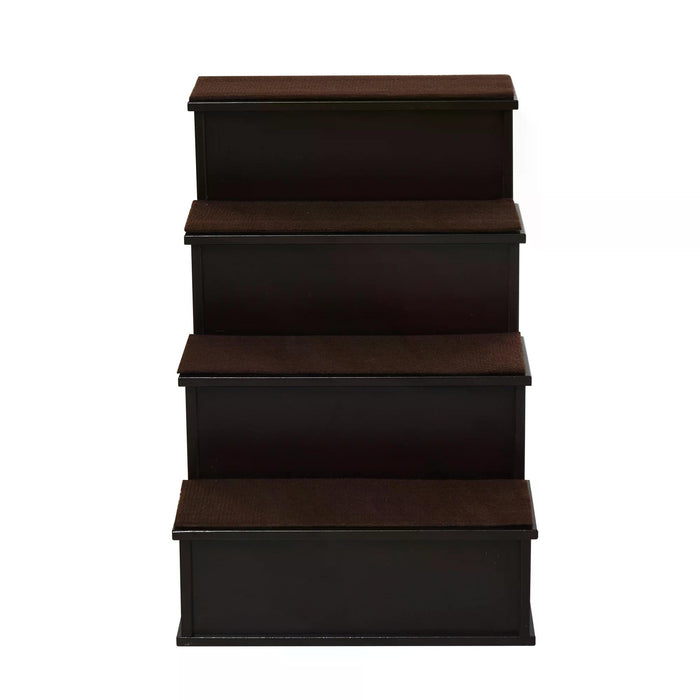4 Step Pet Stairs in Dark Coffee - Cushioned Ramp Steps for Dogs and Cats with Non-Slip Carpet - Ideal for Bed or Couch Access for Smaller or Older Pets