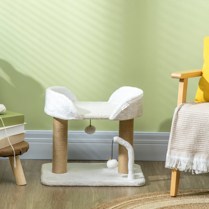 Small Cat Tree with Sisal Scratching Post - 42cm Indoor Climbing Tower with Kitten Bed and Playful Toy Balls, White - Perfect for Scratching, Playing, and Relaxing