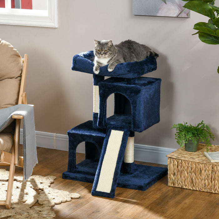Deluxe Sisal Cat Tree with Dual Condos - Navy Blue Feline Rest & Play Station with Sturdy Scratching Posts - Ideal for Indoor Cats' Exercise and Entertainment