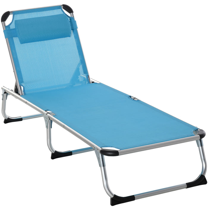 Foldable Reclining Sun Lounger with Pillow - 5-Level Adjustable Back, Aluminium Frame, Blue - Ideal for Camping & Relaxation Outdoors