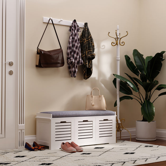 White Storage Bench with 3 Built-In Drawers - Hallway Seating & Organizational Solution with Removable Grey Cushion - Ideal for Entryway Clutter Management