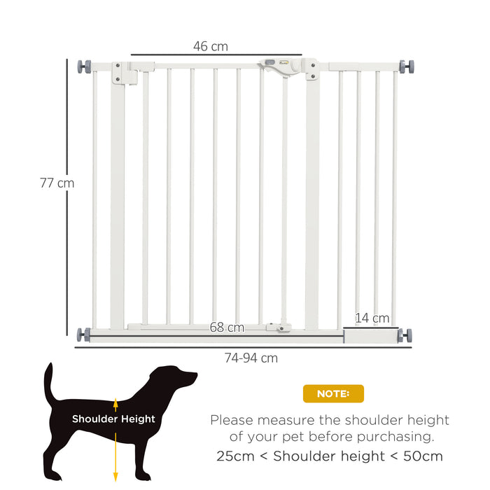 Adjustable Metal Dog Barrier 74-94cm - Sturdy Safety Pet Gate in White - Ideal for Keeping Dogs Secure in Home Spaces