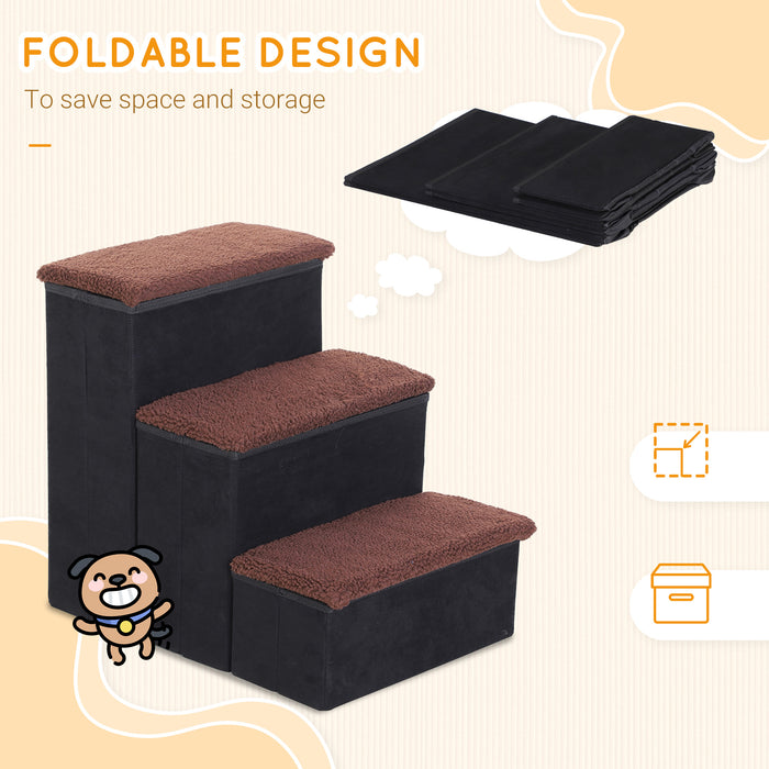 Foldable 3 Step Pet Stairs - Portable Mobility Assistance with Washable Fleece Cover, 41x19cm, Black - Ideal for Small and Aging Pets