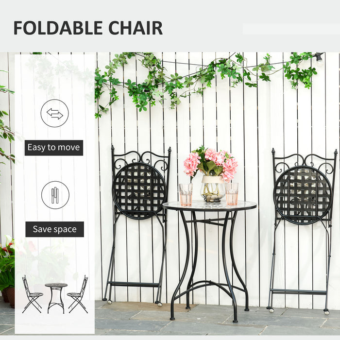 3 Pcs Mosaic Tile Bistro Set - Metal Frame Garden Furniture with Folding Chairs and Elegant Scrolling - Ideal for Outdoor Patio or Balcony Seating