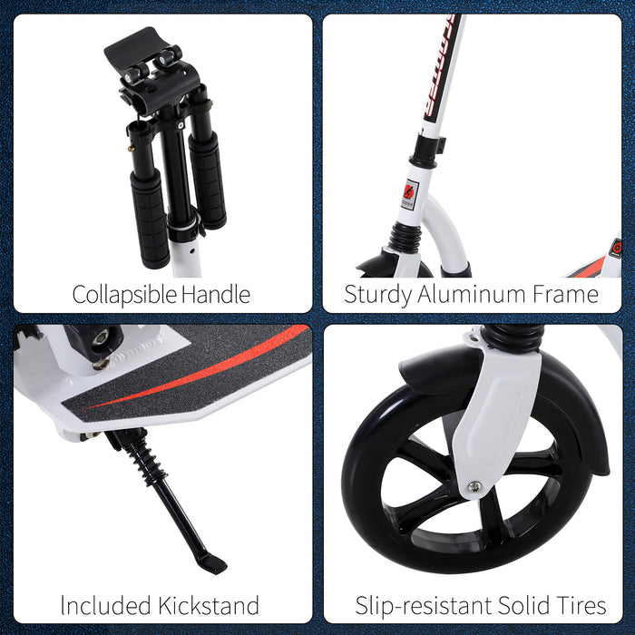 Adjustable Height Teen & Adult Kick Scooter - Foldable Aluminum Frame with Shock Absorbing Mechanism - Ideal Ride-On Toy for Ages 14+, White