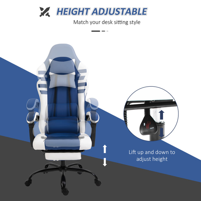 Ergonomic PU Leather Racing Chair - High-Back Gaming Chair with Headrest, Footrest & Adjustable Height - Comfortable Recliner for Gamers, Blue & White Design