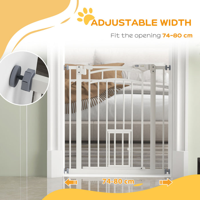 Pressure Fit Stair Gate with Cat Door - Auto-Closing Safety Barrier, Double-Locking - Pet Management for Home, Fits 74-80cm Spaces