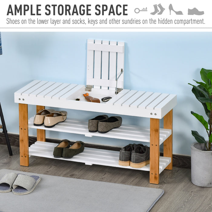 3-Tier Wooden Shoe Bench with Storage - Slatted Rack, Hidden Compartment, Natural Finish - Entryway Home Organizer, 90x29x45cm