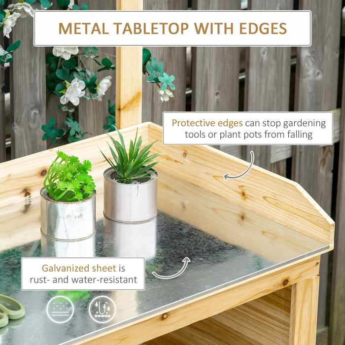 Wooden Garden Potting Bench - Galvanized Metal Workstation with Storage Shelves & Hooks - Ideal for Gardeners & Outdoor Planting