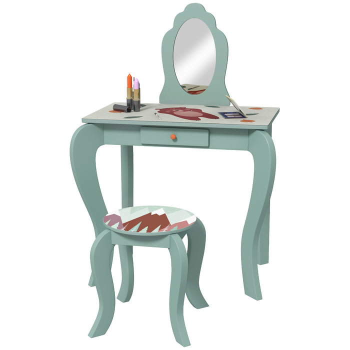 Kids Dressing Table with Stool and Mirror - Girls Green Makeup Vanity Desk with Drawer and Cute Animal Design - Ideal for Ages 3-6 Years