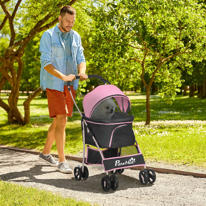 3-In-1 Detachable Pet Stroller - Dog and Cat Travel Carriage with Foldable Design, Universal Wheel Brake, Canopy, and Storage Basket - Ideal for Pet Transportation in Pink
