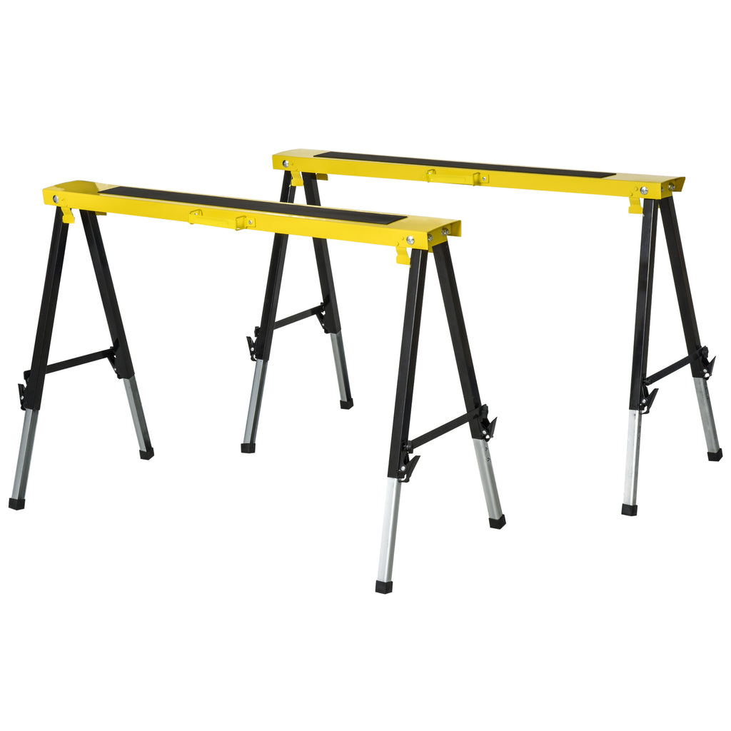 Folding Metal Saw Horse Twin Pack - Adjustable Workbench Trestle Stands with EVA Surface, 100kg Max Load - Ideal for Sawing and Woodworking Tasks
