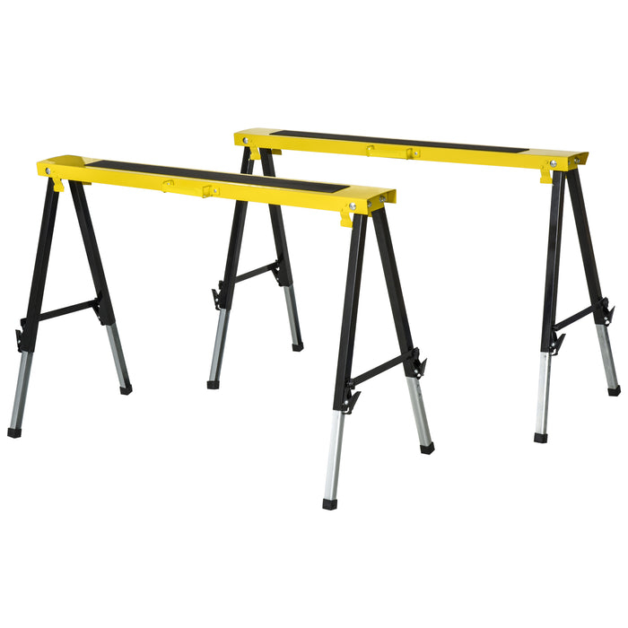 Folding Metal Saw Horse Twin Pack - Adjustable Workbench Trestle Stands with EVA Surface, 100kg Max Load - Ideal for Sawing and Woodworking Tasks