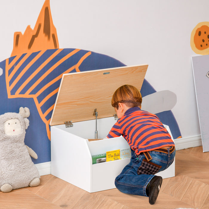 Kids Toy Storage Chest with Book Slot - Durable White Wooden Organizer with Safety Hinge for Playroom - Ideal for Children's Toys and Books