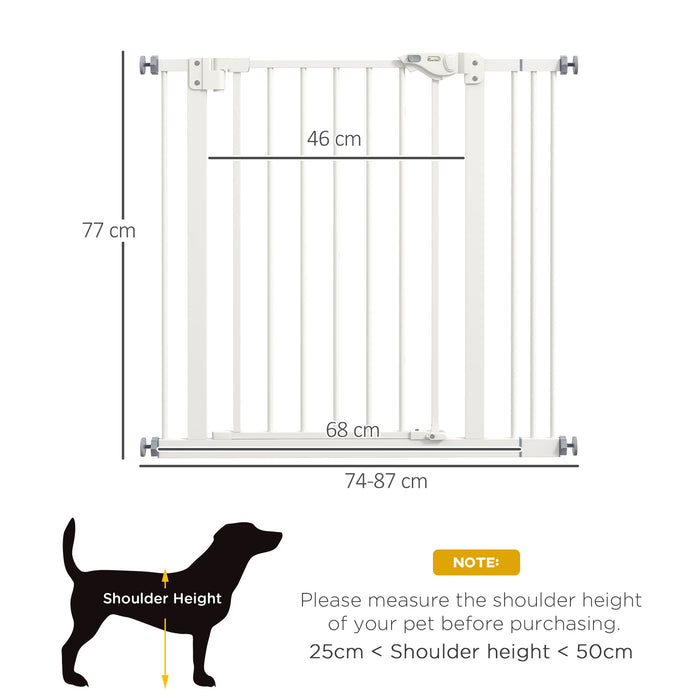 Adjustable White Metal Dog Gate - 74-87cm Width for Pet Safety - Ideal Barrier for Indoor Doorways & Stairs