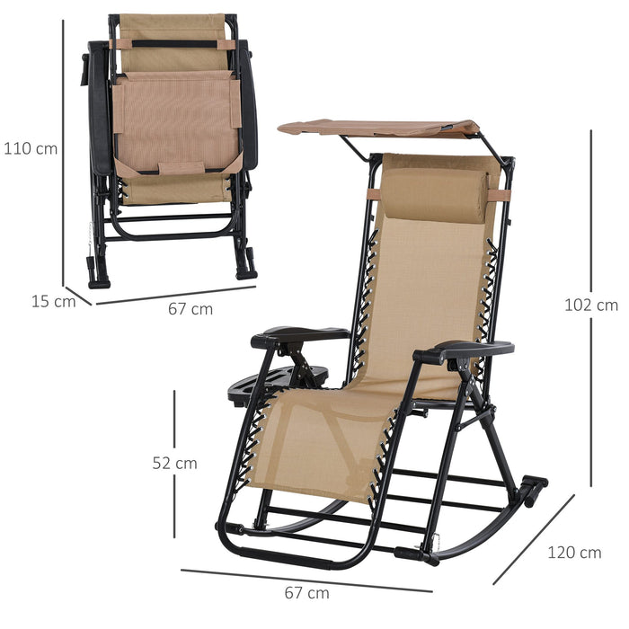 Outdoor Adjustable Sun Lounger - Folding Zero-Gravity Garden Rocking Chair with Headrest & Side Holder - Perfect for Patio Deck Relaxation, Beige