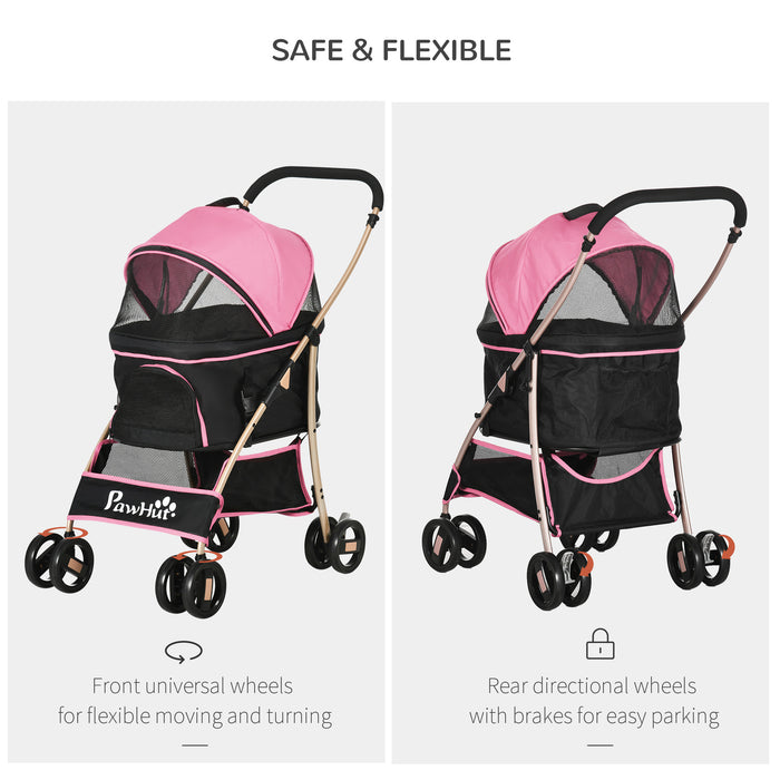 3-In-1 Detachable Pet Stroller - Dog and Cat Travel Carriage with Foldable Design, Universal Wheel Brake, Canopy, and Storage Basket - Ideal for Pet Transportation in Pink