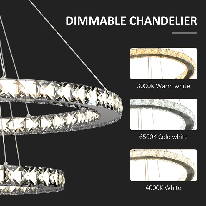 Modern LED Chandelier with Dual Crystal Rings - Dimmable Pendant Ceiling Fixture with Cool to Warm White Light, Adjustable Cable & Remote Control - Elegant Lighting for Contemporary Home Decor