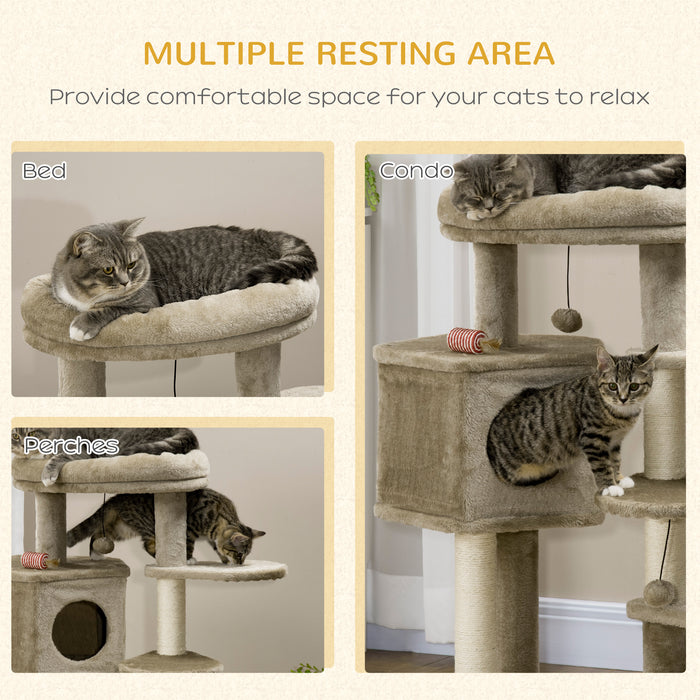 Cat Tower Playground with Sisal Scratch Posts - Multi-Level Kitty Condo with Ramp, Bed & Hanging Toy - Ideal Entertainment Center for Indoor Cats