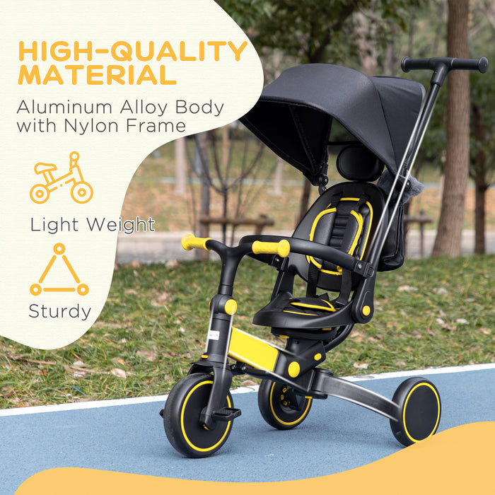 Kids 3-in-1 Aluminum Tricycle - Adjustable Push Handle, Sun Canopy, Reclining Seat - Ideal for Toddlers 18 to 48 Months, Bright Yellow