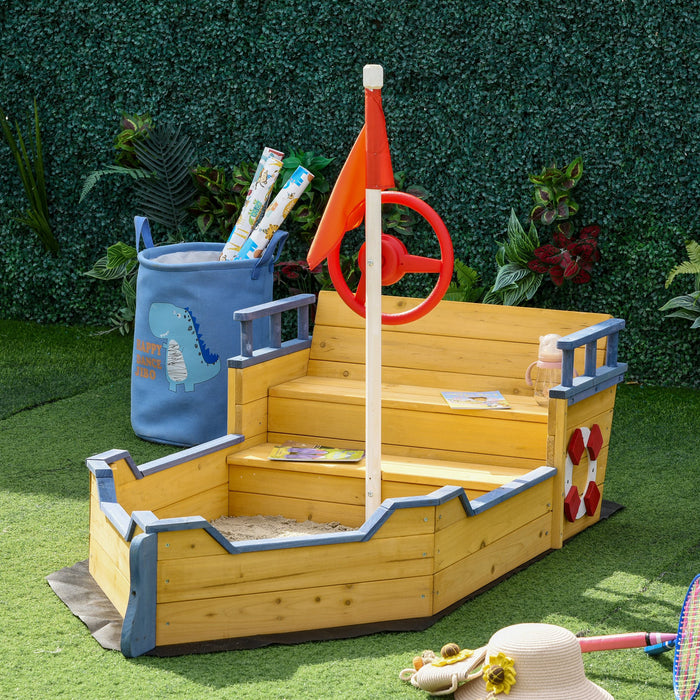Pirate Ship Wooden Sandpit for Kids - Children's Sandbox with Bench and Bottom Liner for Outdoor Play - Backyard Adventure Play Station for Imaginative Fun