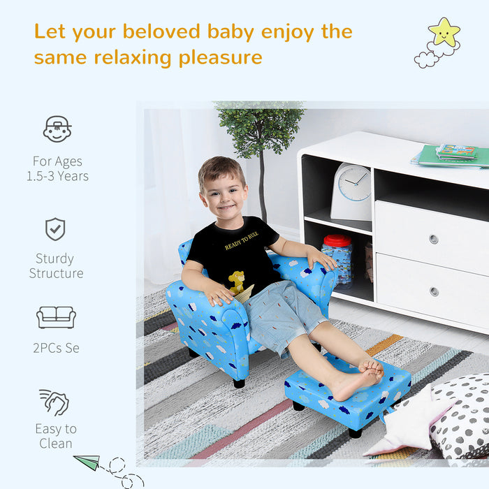 Kids' Mini Couch with Footrest - Sturdy Wooden Frame & Anti-Slip Legs, High Back, Armrests - Adorable Cloud and Star Design for Bedroom or Playroom