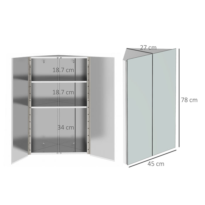 Corner Bathroom Cabinet with Mirrored Door - Wall-Mounted Stainless Steel Organizer with 3 Shelves and 2 Doors - Space-Saving Storage for Home Essentials