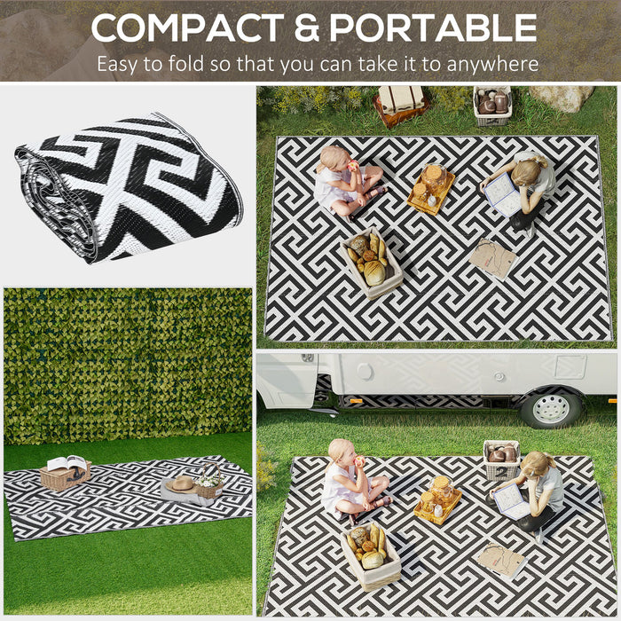Outdoor Reversible Rug - 152 x 243 cm Black & White Plastic Straw Mat - Ideal for RV Camping, Garden, Deck, and Indoor Picnic