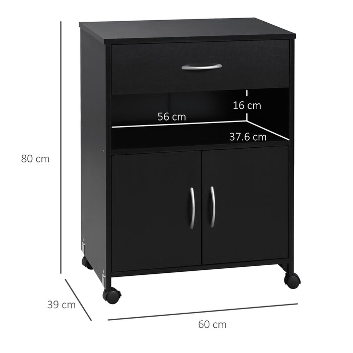 Mobile Printer Cabinet with Storage - Versatile Table, Open Shelf, and Drawer Design for Home & Office Organization - Sleek Black Finish, Space-Saving Solution