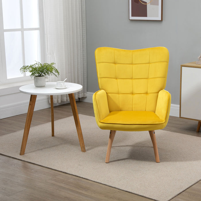 Velvet-Touch Tufted Wingback Armchair - Modern Upholstered Accent Chair with Wooden Legs in Vibrant Yellow - Stylish Lounge & Club Seating for Contemporary Homes