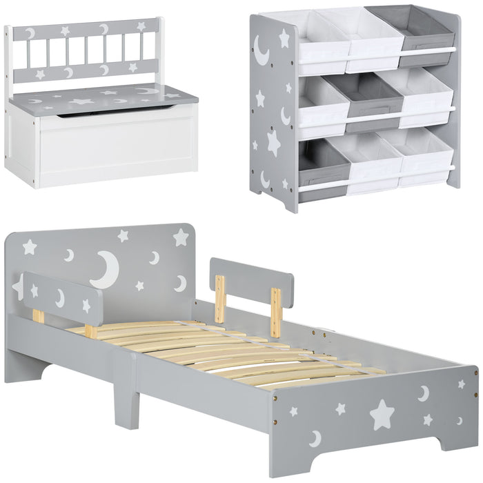 Kids Bedroom Furniture Set - Bed, Toy Box Bench & Basket Storage Unit with Star and Moon Patterns - Perfect for Boys & Girls Aged 3-6 Years, Grey